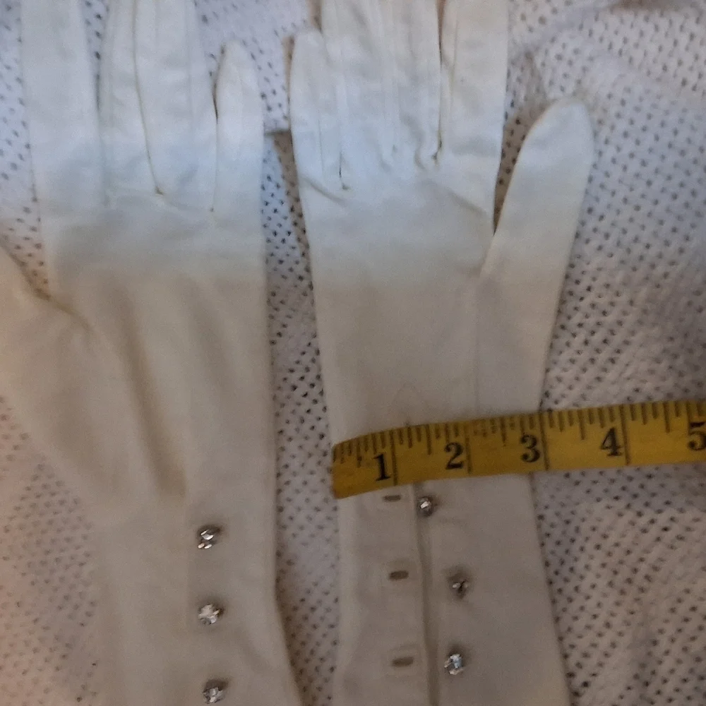 Vintage Aris White Satin Rhinestone closure elbow length gloves 7.5